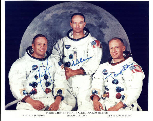 Imagem dos três tripulantes da Apollo 11, a missão que levou o homem à Lua em 1969. (Crédito: Nasa)