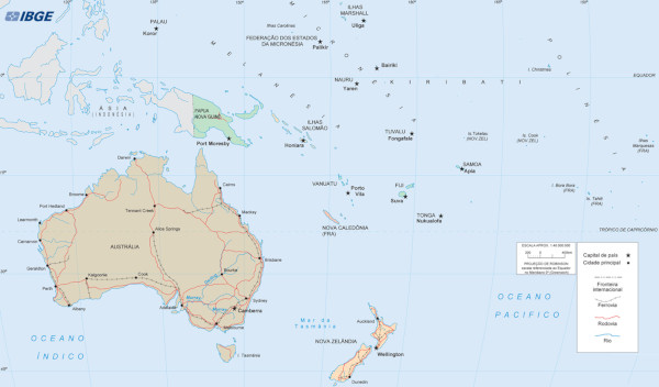 Mapa dos países da Oceania.
