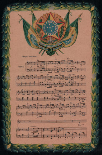 Partitura da melodia do hino nacional, composta por Francisco Manuel da Silva em 1831.