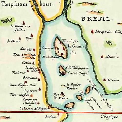 Mapa francês mostrando a localização da França Antártica na Baía de Guanabara.[1]