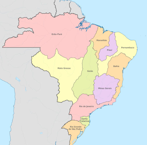 Mapa do Brasil com o Tratado de Madri.[1]