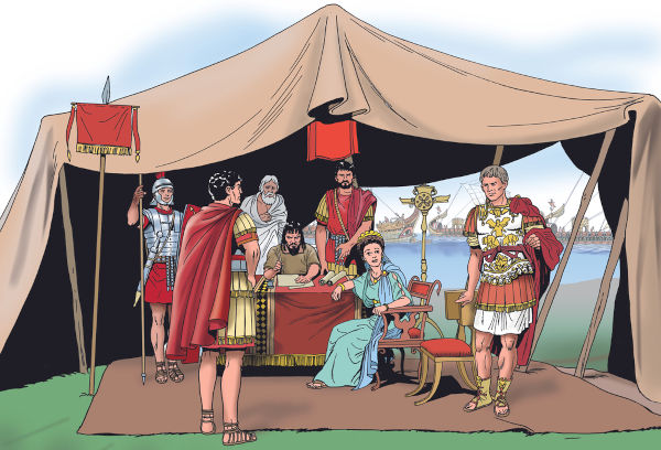 Ilustração do encontro de Marco Antônio e Otávio, em primeiro plano; ao fundo, outras pessoas, sob uma tenda.