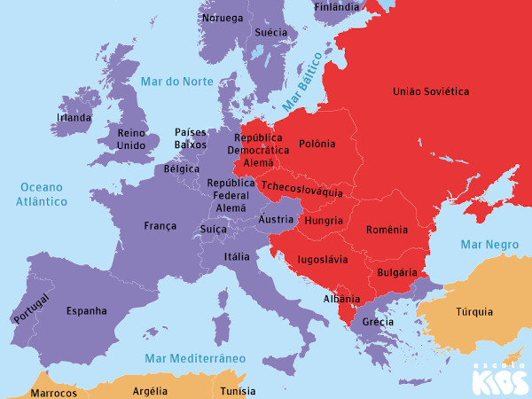 Mapa com a divisão da Europa após a 2ª Guerra Mundial, com a delimitação da Cortina de Ferro.