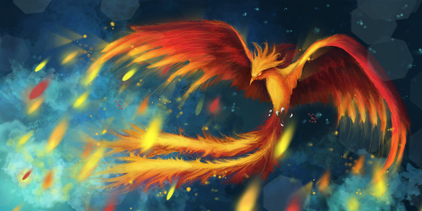 Fênix em posição de voo, com as asas abertas, semelhantes a chamas de fogo.