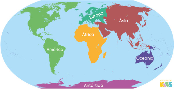 Indicação de todos os seis continentes da Terra em um mapa-múndi: América, África, Europa, Ásia, Oceania e Antártida.