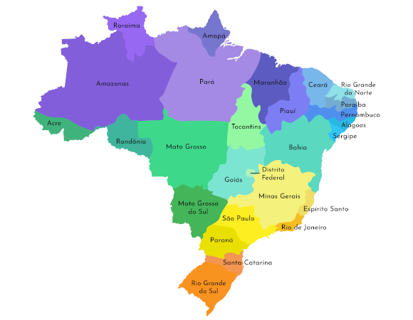 Mapa com os estados do Brasil.