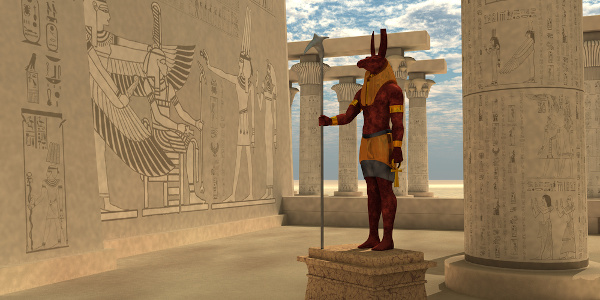 Ilustração 3D de uma estátua do deus Set entre colunas e paredes de um templo egípcio.