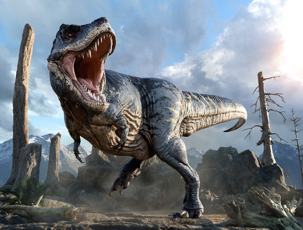 Ilustração de um tiranossauro rex com a boca aberta, em posição de ataque.