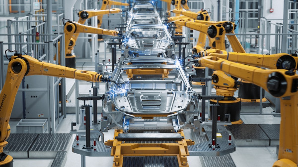 Máquinas montando automóvel em fábrica, uma característica do toyotismo.