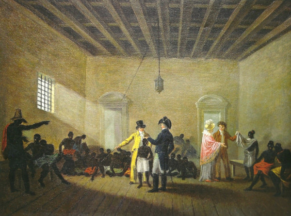 Pintura mostrando um mercado de escravos no Rio de Janeiro, produzida por volta de 1820.