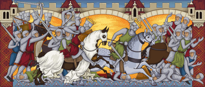 Ilustração de uma soldados em batalha durante o período das Cruzadas.