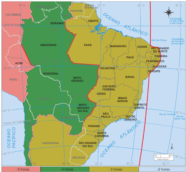 Mapa com os fusos horários brasileiros