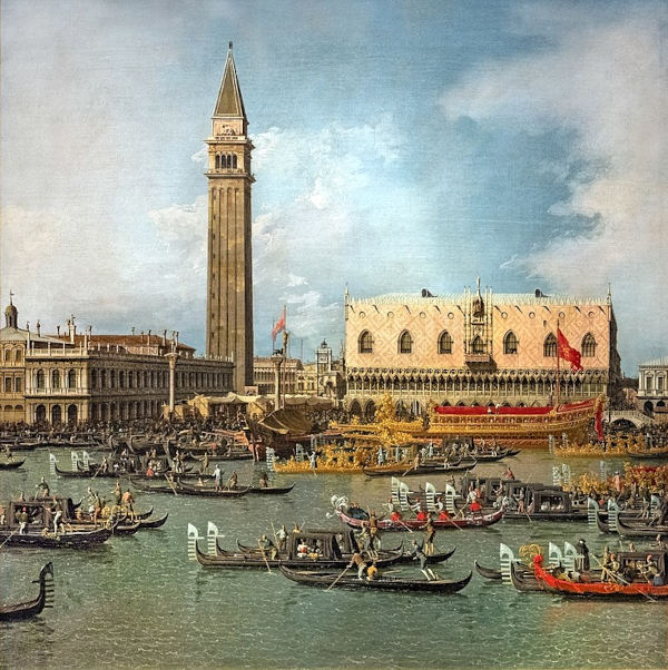 Pintura retratando barcos de comerciantes em Veneza, em alusão ao mercantilismo.
