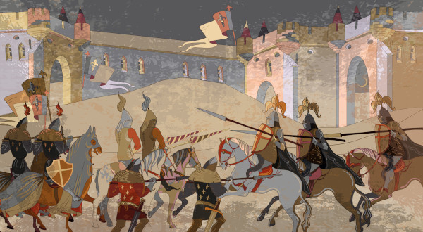 Representação de cavaleiros em batalha durante a Idade Média.
