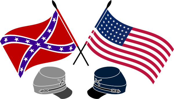 Bandeira dos confederados, à esquerda, e bandeira da União, à direita, grupos conflitantes na Guerra Civil Americana.