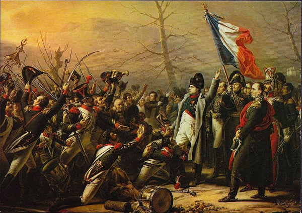 Napoleão Bonaparte reverenciado pelo seu exército, em texto sobre a Era Napoleônica.