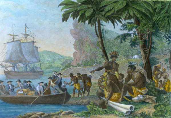 Pintura retratando homens brancos e negros em negociação, em texto sobre a escravidão na África.