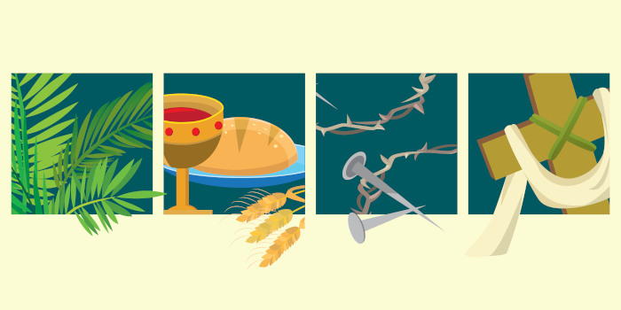 Ilustração com ramos, vinho, pão, trigo, espinhos, pregos e cruz, em referência à Semana Santa.