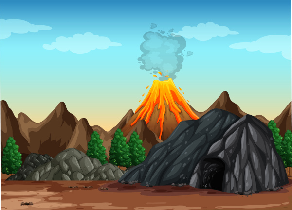 Ilustração de vulcão em erupção.