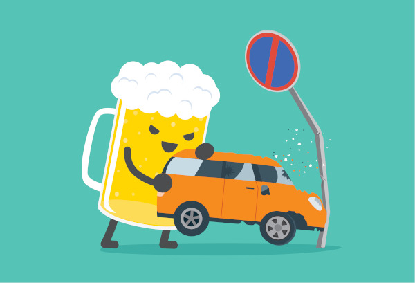 Ilustração de um copo de chop segurando um carro que bateu em uma placa de trânsito.