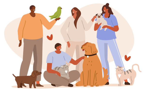 Ilustração de algumas pessoas com alguns animais, uma alusão às diferenças entre os seres humanos e outros animais