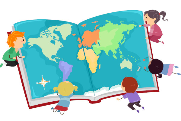 Ilustração de crianças olhando um mapa-múndi, uma alusão aos tipos de mapa.