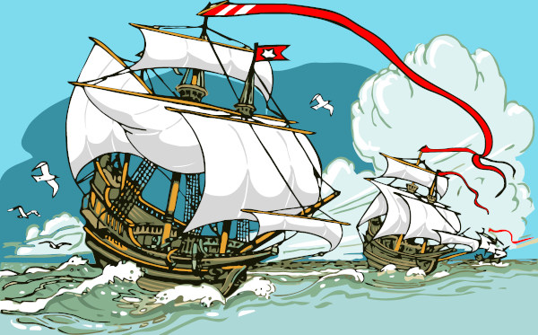 Ilustração de embarcações portuguesas, uma alusão ao Pacto Colonial.