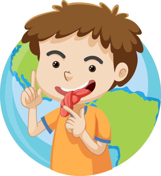 Ilustração de uma criança com a língua torcida, uma alusão aos trava-línguas infantis.