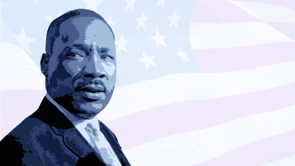 Ilustração de Martin Luther King Junior com a bandeira dos Estados Unidos ao fundo.