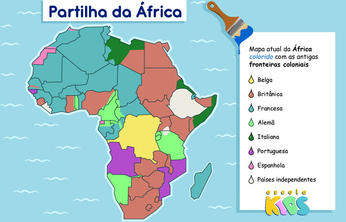 Mapa atual da África com as antigas fronteiras coloniais, no contexto da Partilha da África.
