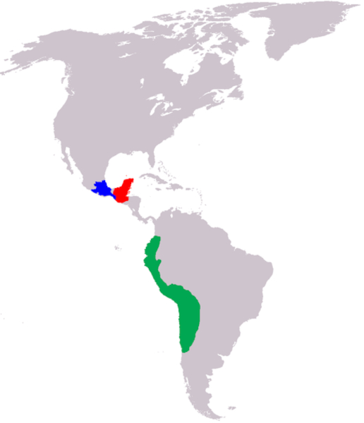 Mapa mostrando a localização de três dos principais povos pré-colombianos: astecas (azul), maias (vermelho) e incas (verde).