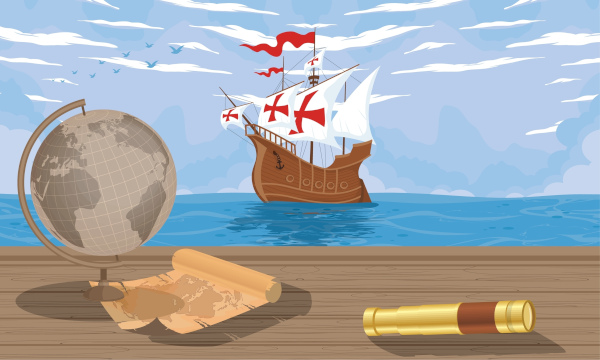 Ilustração de uma caravela da expedição de Cristóvão Colombo navegando, uma alusão ao descobrimento da América.