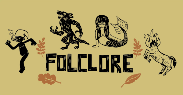 Personagens do folclore brasileiro em redor da palavra “folclore”.