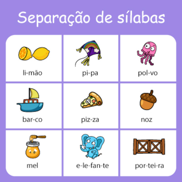 Figuras e exemplos de separação de sílabas.