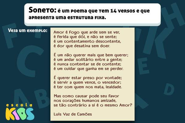 Imagem explicando o que é soneto e mostrando como exemplo o “Amor é fogo que arde sem se ver”, de Luiz Vaz de Camões.