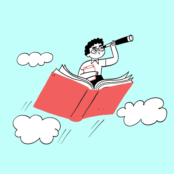 Menino sentado sobre um livro sobrevoando as nuvens, em texto sobre tipos de narrador.