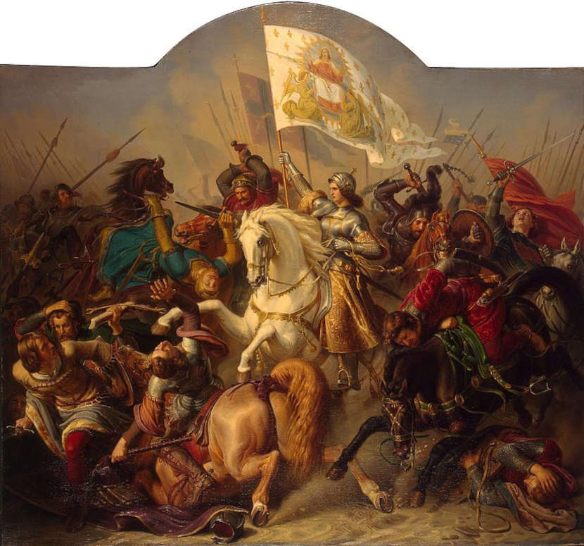 Pintura retratando Joana d?Arc em batalha, na Guerra dos Cem Anos.