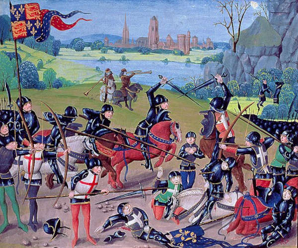 Pintura retratando a Batalha de Agincourt na Guerra dos Cem Anos.