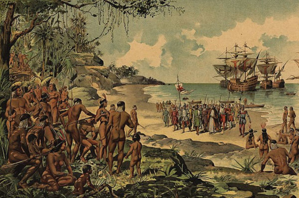 Pintura retratando o desembarque dos portugueses no Brasil, no início do Brasil Colônia.