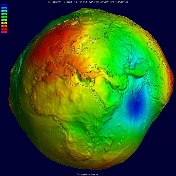 Imagem colorida mostrando uma curiosidade sobre a Terra: seu formato geoide (esfera com deformidades).