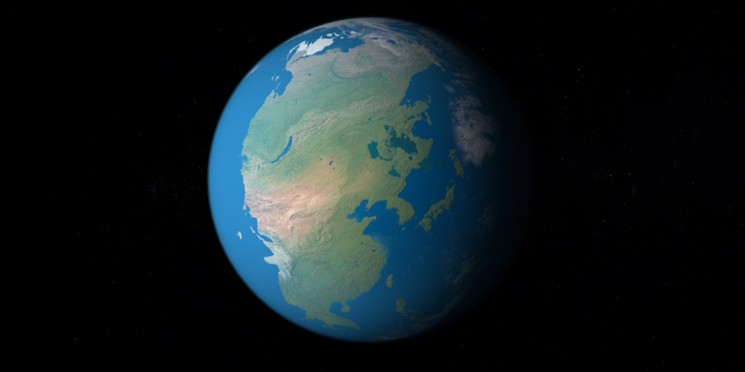 Imagem ilustrada da Terra com apenas um grande continente, a Pangeia.