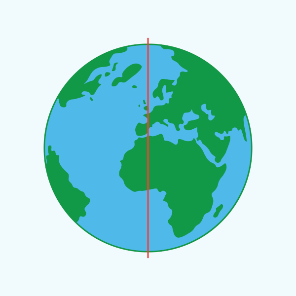 Delimitação da localização do Meridiano Greenwich no globo terrestre.