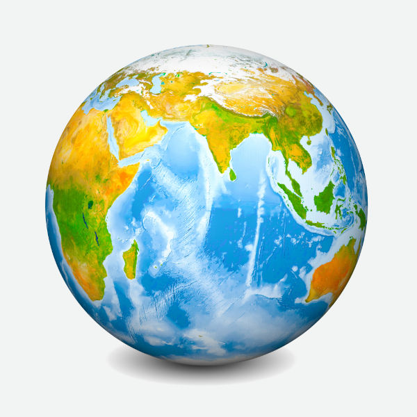 Globo terrestre com ênfase no Oceano Índico.