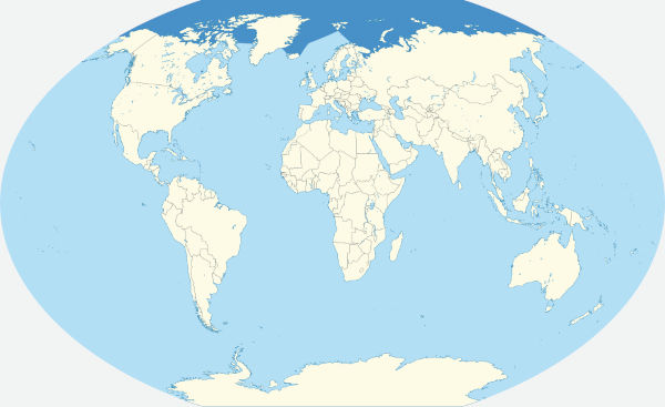 Na imagem, a localização do oceano Ártico no mapa-múndi.