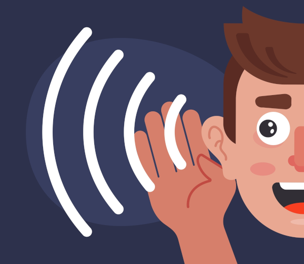 Ilustração de um menino com a mão na orelha, captando ondas sonoras ou de som.
