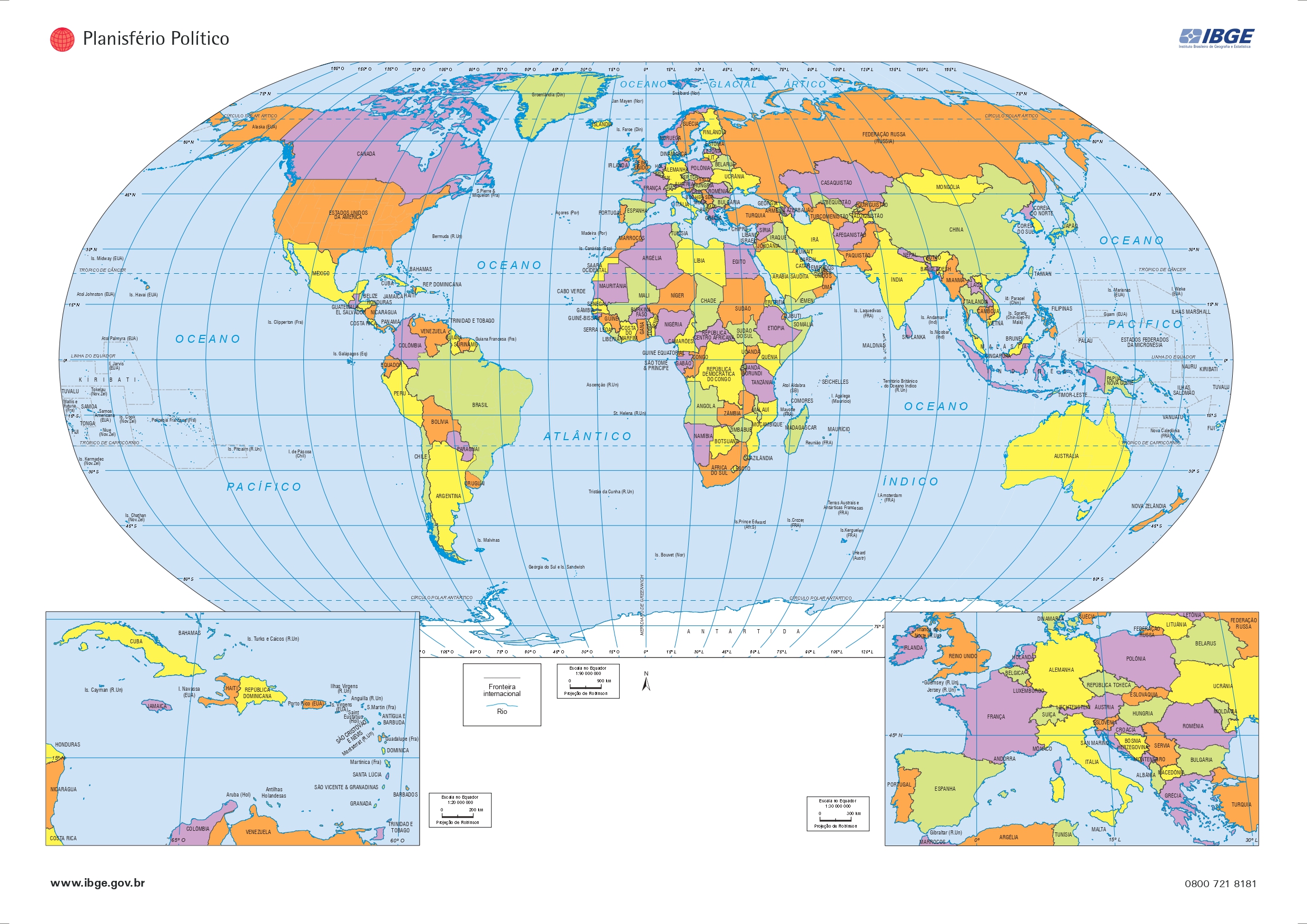 Mapa-múndi (mapa do mundo) produzido pelo IBGE.
