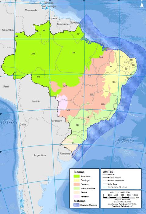 Mapa dos biomas do Brasil, incluindo os Pampas.