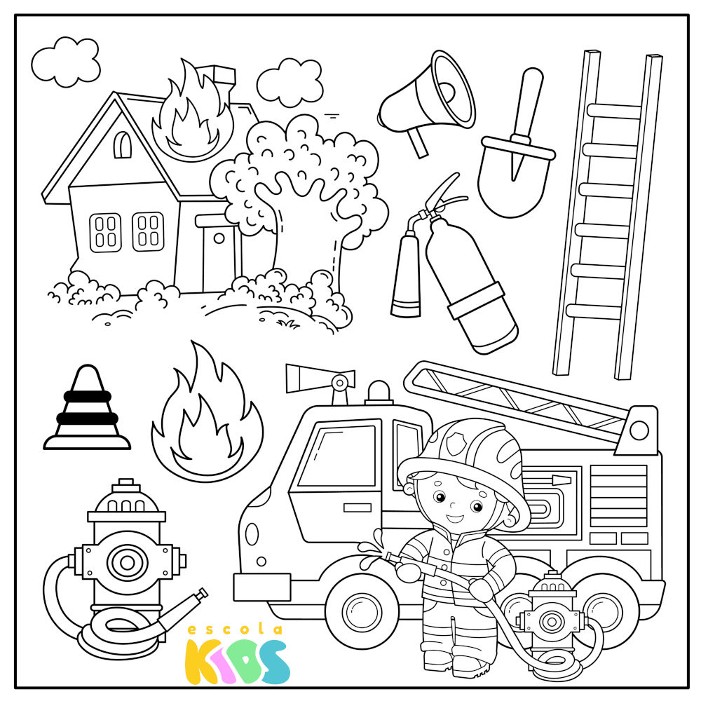 Desenho para colorir bombeiro e seus equipamentos