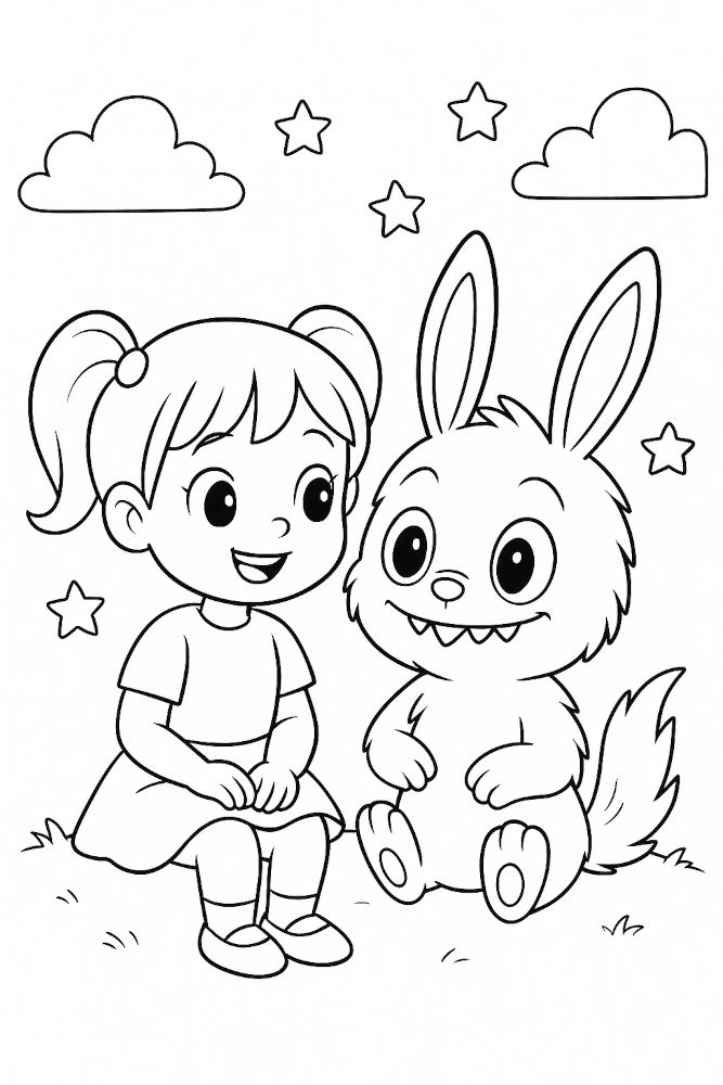 Desenho para colorir labubu e menina