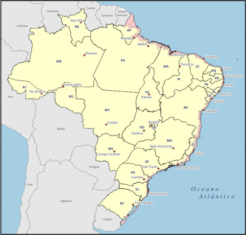 Mapa do litoral do Brasil.